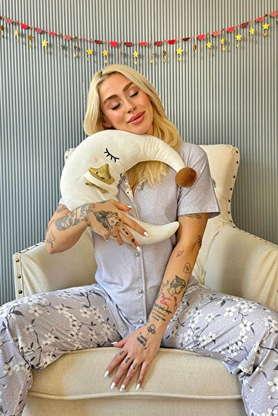 Pijamaevi Gri Florado Exclusive Önden Düğmeli Kısa Kollu Kadın Pijama Takımı