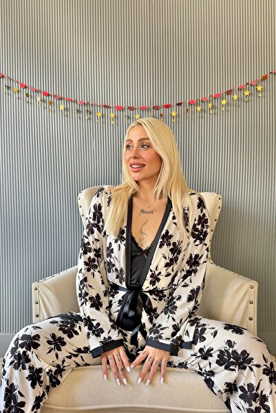 Pijamaevi Siyah Flore Exclusive Örme Sabahlıklı Kadın Pijama Takımı