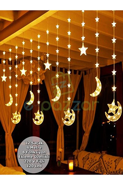 epazzar 12 Saçaklı Hilal Ay Yıldız 120 Led 4 Metre 8 Fonksiyonlu Konsept Süsl...