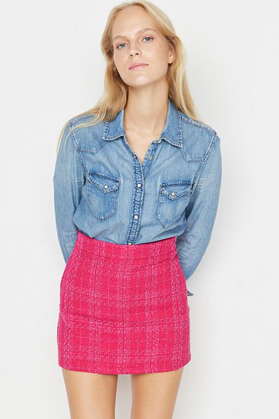 Trendyol Collection Rózsaszín mini, egyenes vágású tweed szoknya - ceruzaszövet, TWOAW23ET00105