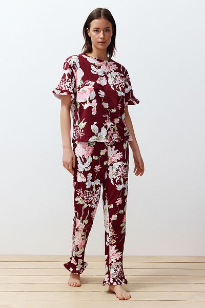 Trendyol Collection Bordó virágmintás 100% pamut fodros pizsama szett - THMSS24PT00229