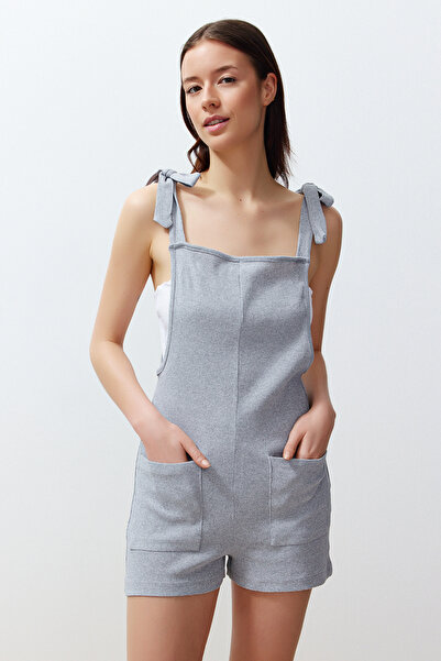 Trendyol Collection Waffle Knitted Jumpsuit - Gray Melange, Binding and Pocket Detail THMSS24TU00008
