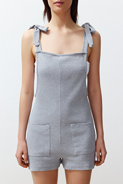 Trendyol Collection Waffle Knitted Jumpsuit - Gray Melange, Binding and Pocket Detail THMSS24TU00008