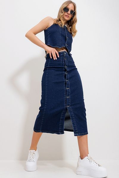Trend Alaçatı Stili Marineblauer Jeansrock mit Knöpfen für Damen ALC-X11844