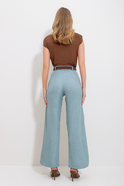 Trend Alaçatı Stili Női zöld derék övvel oldalt rejtett cipzáras magas derekú szőtt nadrág ALC-X11881