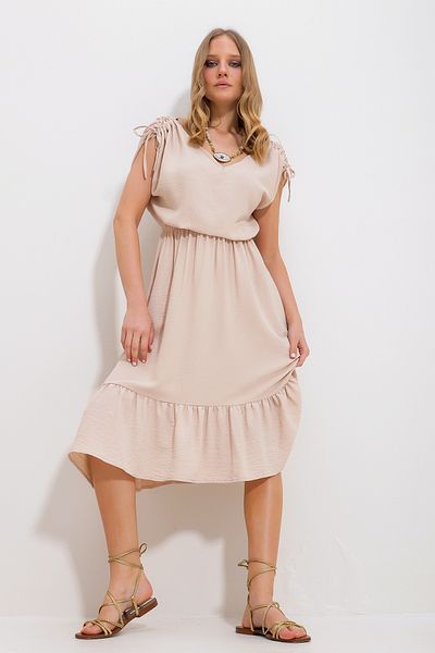Trend Alaçatı Stili Women's Beige V-Neck Skirt Flounce Elastic Waist Woven Dress Alc-X11744