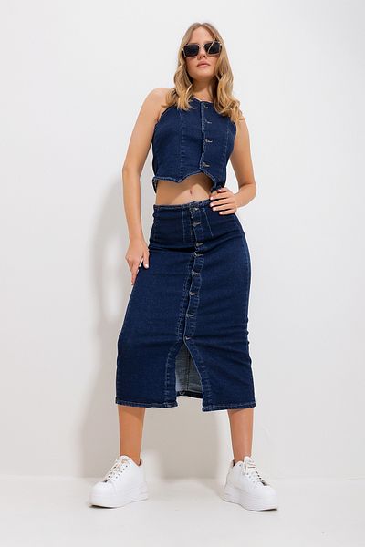Trend Alaçatı Stili Marineblauer Jeansrock mit Knöpfen für Damen ALC-X11844