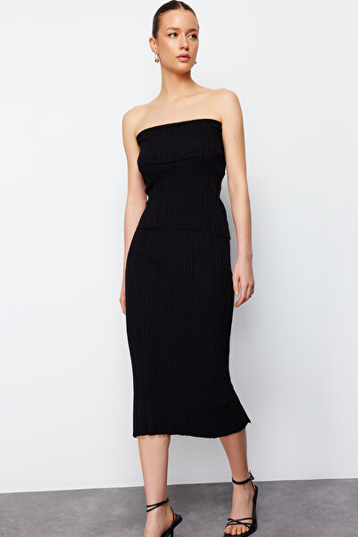 Trendyol Collection Μαύρο στράπλες Premium νήμα/Πλεκτό νήμα μπλούζα TWOSS24BZ...