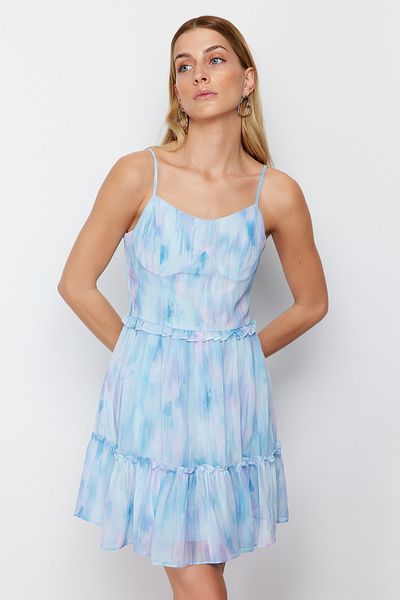 Trendyol Collection Rochie țesută din șifon mini căptușită cu decolteu în V cu deschidere în talie albastră TWOSS23EL01782