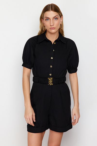 Trendyol Collection Black Belted Shirt Collar Gabardine Mini Woven Jumpsuit TWOSS21TU0238
