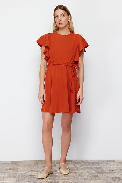 Trendyol Collection Tile Belted Waist Opening Sleeves Flounces Mini Woven Dress TWOSS24EL00489