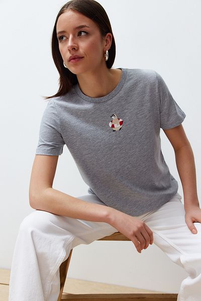 Trendyol Collection Gray Melange Embroidered Regular/Normal Fit Knitted T-Shirt TWOSS24TS00160