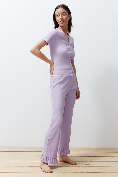 Trendyol Collection Lilac Frill részletes vezetékes kötött pizsama szett THMSS24PT00209