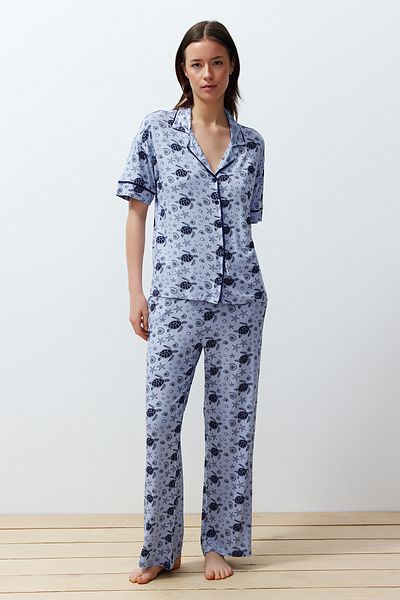 Trendyol Collection Kék mintás kötött pizsama szett csövek részlettel THMSS24PT00262