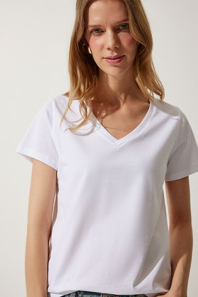 Happiness İstanbul Weißes Basic-Strick-T-Shirt mit V-Ausschnitt für Damen UB00261