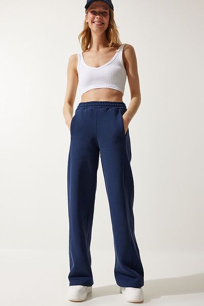 Happiness İstanbul Damen-Jogginghose mit hohem Bund und geradem Bein in Marineblau, dick, HF00445