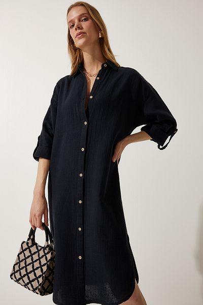 Happiness İstanbul Schwarzes Oversize-Hemdkleid aus Musselin für Damen SA00021