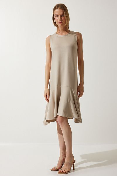 Happiness İstanbul Damen-Glöckchenkleid mit Rundhalsausschnitt und gestricktem Volant in Beige BF00089