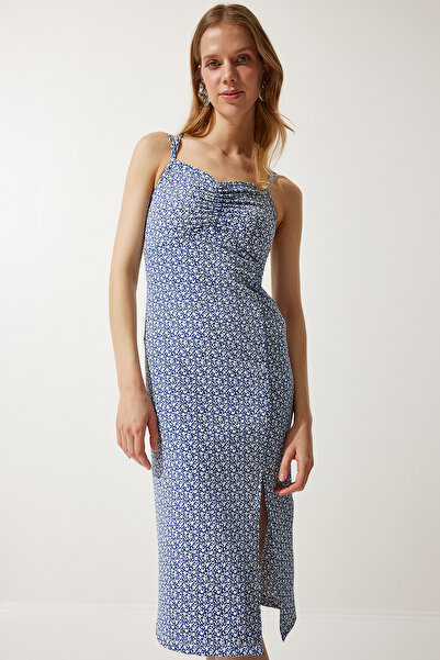 Happiness İstanbul Női sötétkék duplapántos mintás kötött ruha MC00262