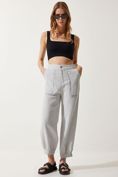 Happiness İstanbul Damen-Hose aus Musselin mit Stickerei und Details in Grau SF00019