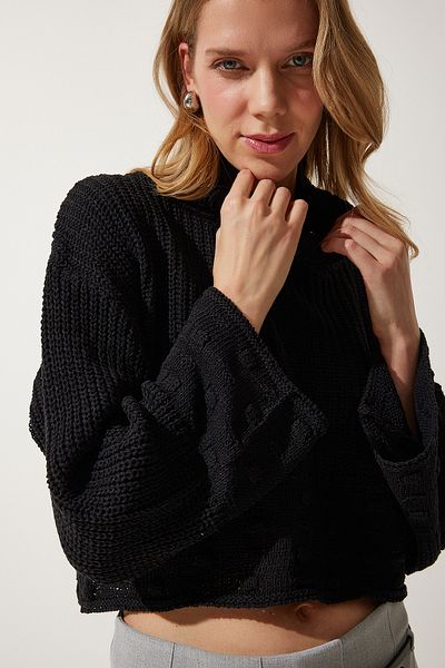 Happiness İstanbul Pulover de damă negru cu gât tricotat texturat sezonier MW00133