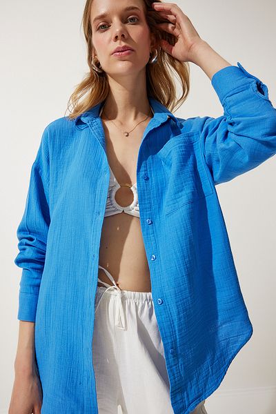 Happiness İstanbul Blaues Oversize-Musselinhemd für Damen mit Taschen MX00150