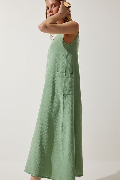 Happiness İstanbul Grünes Sommerkleid aus Musselin mit weiten Taschen für Damen SA00022