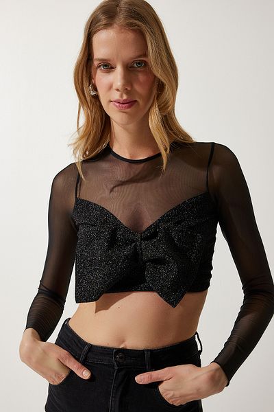 Happiness İstanbul Women's Black Bow Detailed Transparent Crop Blouse WF00065
