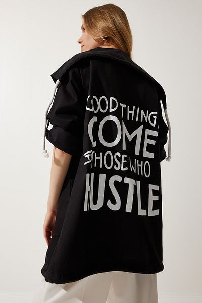 Happiness İstanbul Women's Black Printed Oversize Gabardine Jacket SA00023