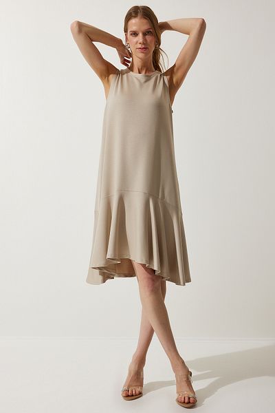 Happiness İstanbul Damen-Glöckchenkleid mit Rundhalsausschnitt und gestricktem Volant in Beige BF00089