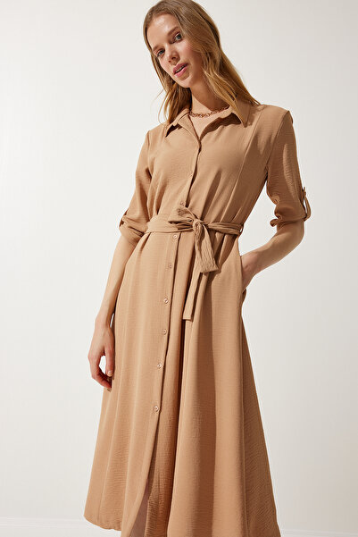 Happiness İstanbul Kadın Camel Kuşaklı Gömlek Elbise DD01256