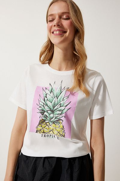 Happiness İstanbul Tricou tricotat 100% bumbac cu imprimeu alb pentru femei WO00037