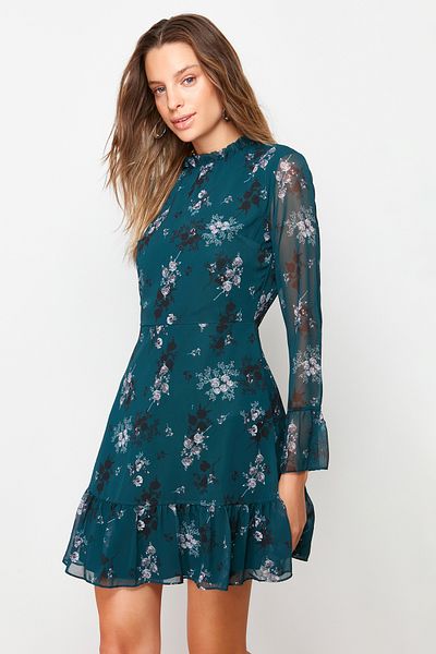 Trendyol Collection Μίνι υφαντό φόρεμα πράσινου λουλουδάτο με γιακά με επένδυση TCLAW19LJ0076