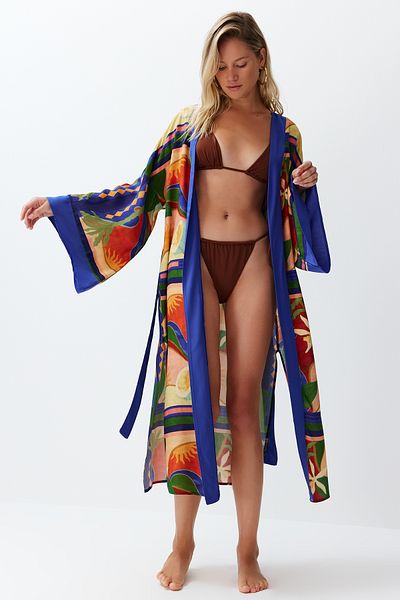 Trendyol Collection Abstrakt gemusterter, gewebter Maxi-Kimono und Kaftan mit Gürtel TBESS24KM00024