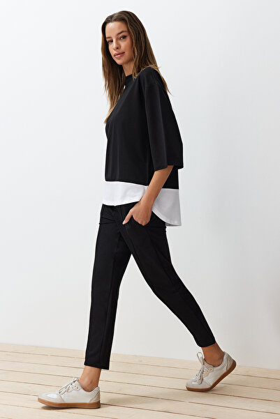 Trendyol Collection Relaxed Fit fekete kötött blúz és nadrág szett - Garni Detailed, TWOSS24AU00069