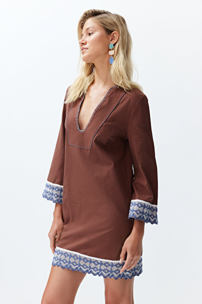 Trendyol Collection Καφέ Μίνι υφαντό αξεσουάρ ρίγες 100% βαμβακερό φόρεμα παραλίας TBESS24EL00094