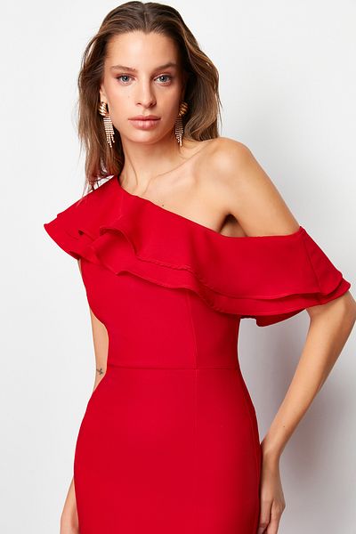 Trendyol Collection Red Flounce részletes szövésű elegáns estélyi ruha TPRSS24AE00066
