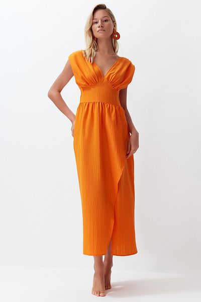 Trendyol Collection Πορτοκαλί Maxi υφαντό φόρεμα παραλίας TBESS24EL00063