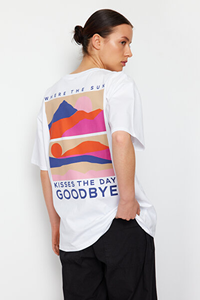 Trendyol Collection White Premium Thick Cotton Oversize/Loose Cut Back Printed Knitted T-Shirt Twoss24Ts00085