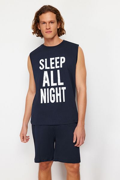 Trendyol Collection Námořnická modř Slogan tištěný Regular Fit Pletené šortky Sada pyžama TMNSS24PT00020