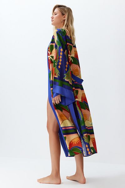 Trendyol Collection Abstrakt gemusterter, gewebter Maxi-Kimono und Kaftan mit Gürtel TBESS24KM00024