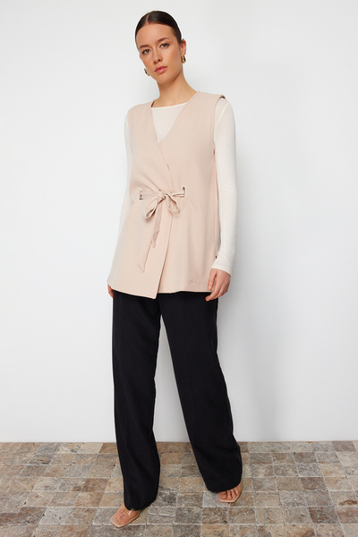 Trendyol Modest Beige Gold Detailed Belted Plain Woven Vest TCTSS24YL00006