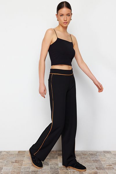 Trendyol Collection Black Contrast Stripe Detailed Wide Leg/Comfortable Cut Stretchy Trousers TWOSS24PL00110