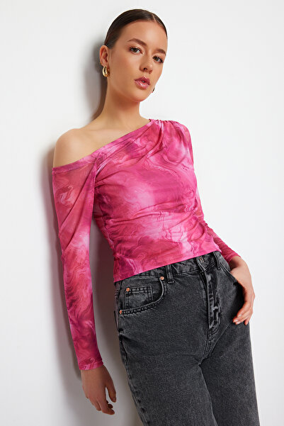 Trendyol Collection Růžová*001 Pletená halenka s asymetrickým límcem s tylovou podšívkou TWOAW24BZ00051