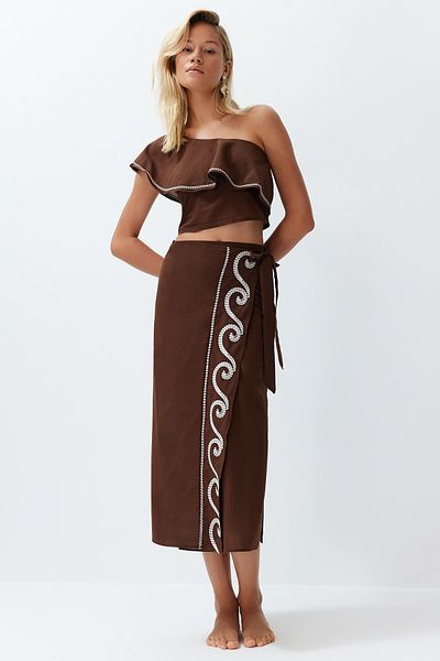 Trendyol Collection Barna strandblúz hatású öltöny 100% pamut pamut Flounced egy váll Flounced Flounced