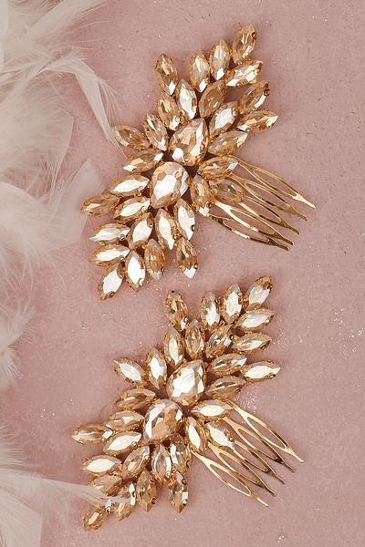 Hayalperest boncuk Accesoriu pentru păr de mireasă, model henna, 2 piese Accesoriu elegant pentru noapte și nuntă auriu