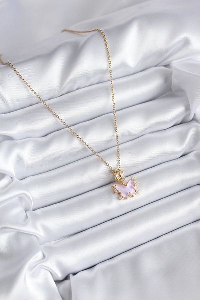 CLARİS 316L Steel Gold Color Pink Butterfly Model Zircon Stone Detail Women's Necklace