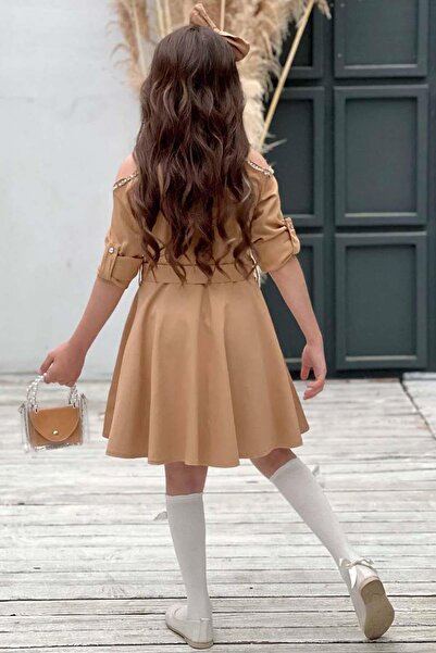 Riccotarz Κοριτσίστικο φόρεμα ώμου και γιακά με πέτρα κεντητό καφέ