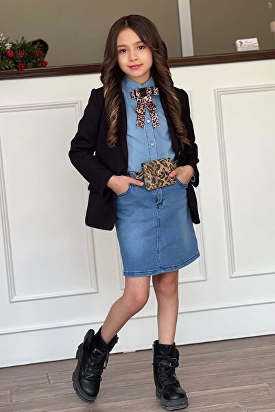 Riccotarz Kız Çocuk Leopar Desenli Fiyonk Detaylı Kot Gömlek Siyah Blazer Cek...