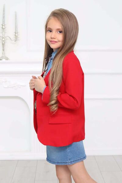 Riccotarz Kız Çocuk Leopar Desenli Fiyonk Detaylı Kot Gömlek Kırmızı Blazer Ceket Etekli Takım